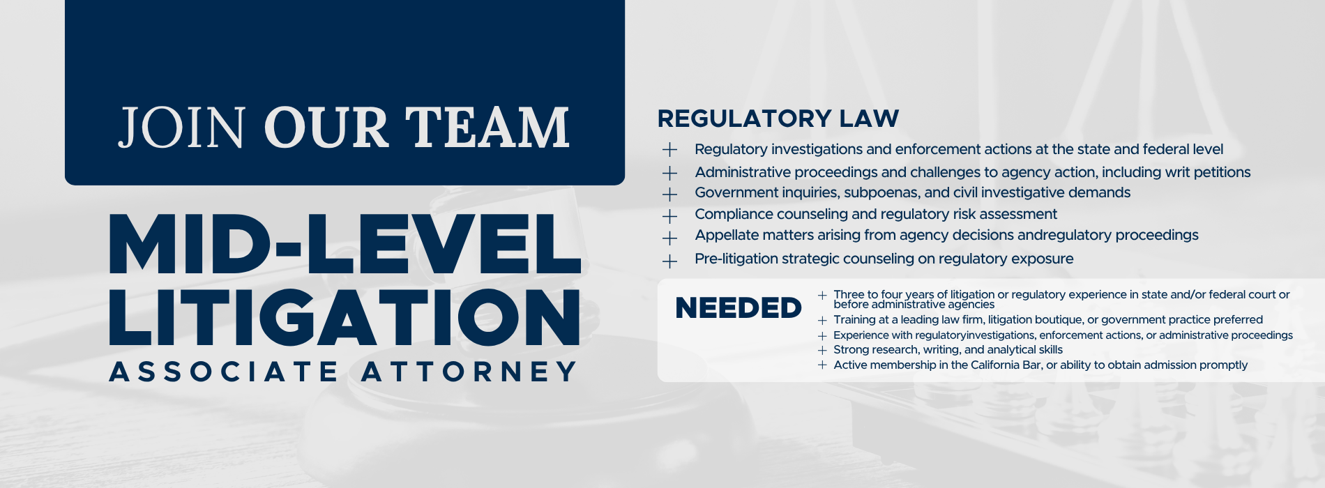 Careers - Mid-Level Litigation Associate Attorney - REGULATORY LAW